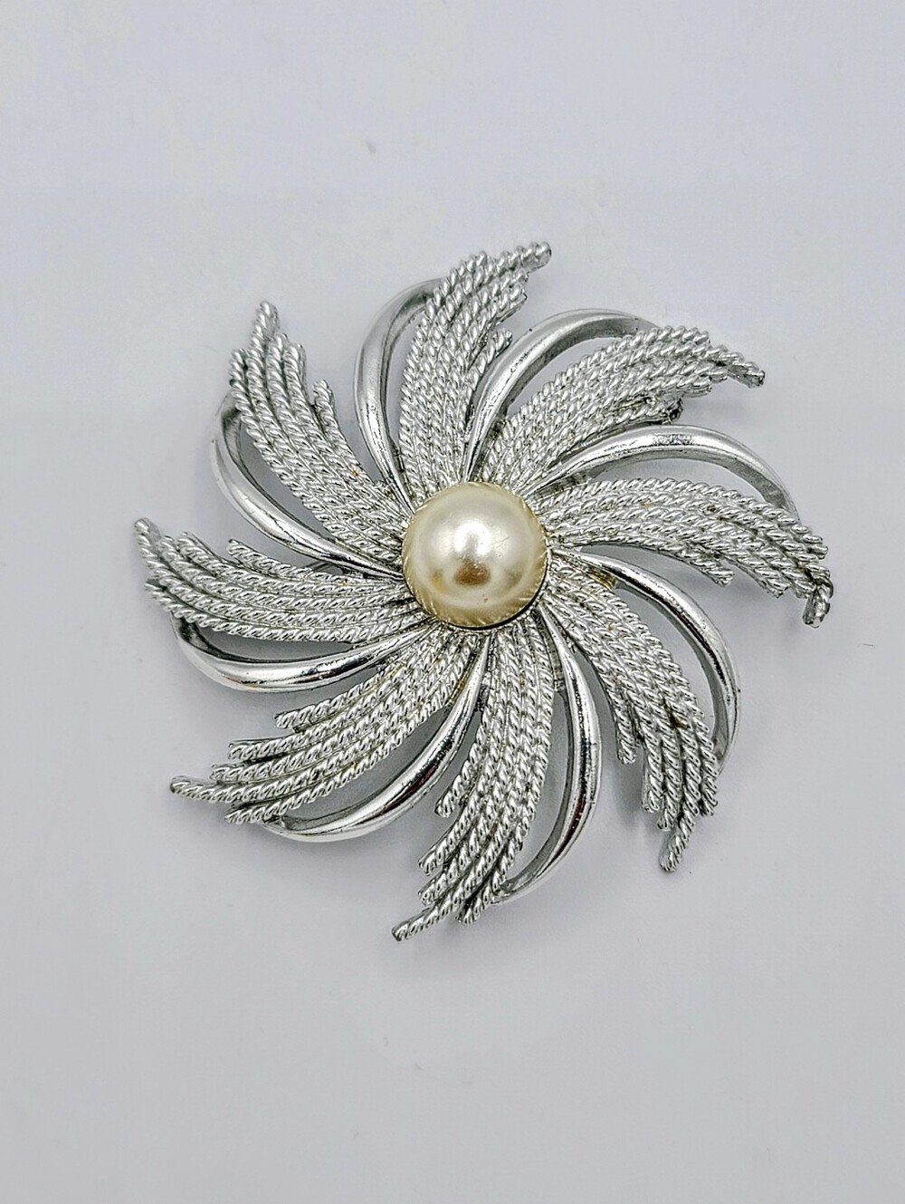 Sarah Coventry Pinwheel Brooch 1962 Silver Tone Faux Pearl MCM Vintage Signed